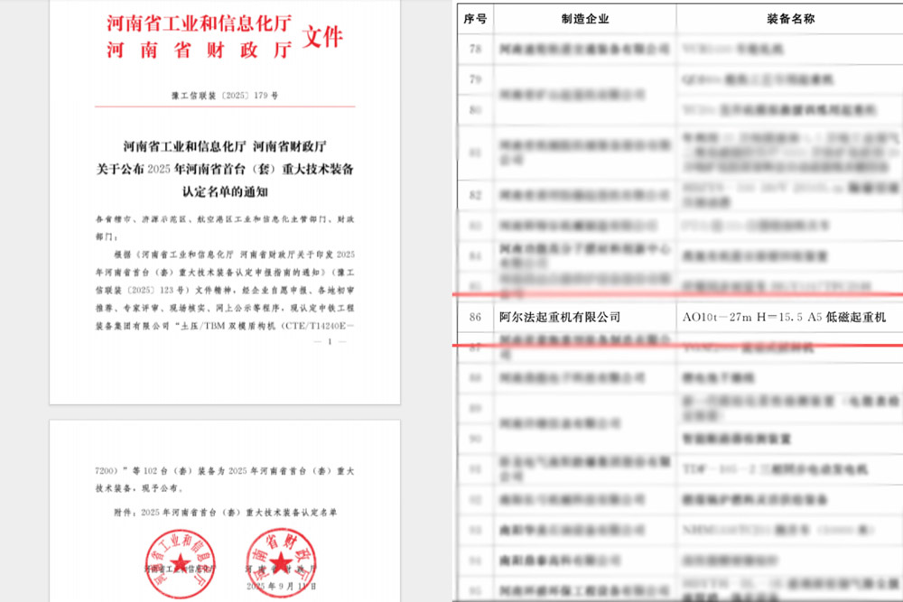 喜讯！阿尔法低磁起重机入选2025年河南省首台（套）重大技术装备认定名单！